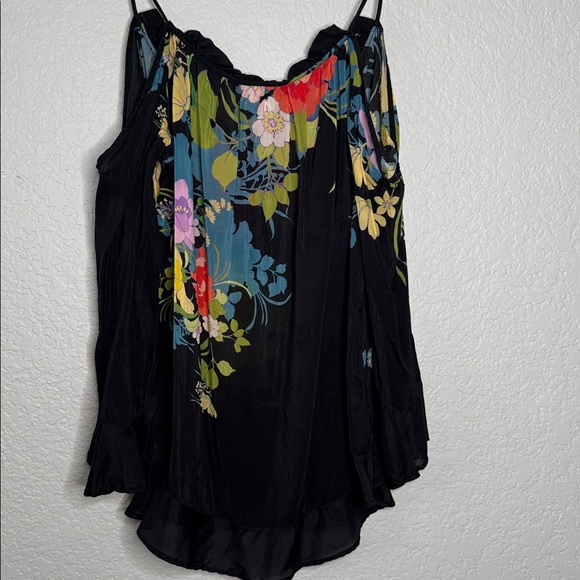 Johnny Was Fusion Cold Shoulder Black Floral Tunic Top Ruffle V Neck Spring SM - Picture 9 of 9